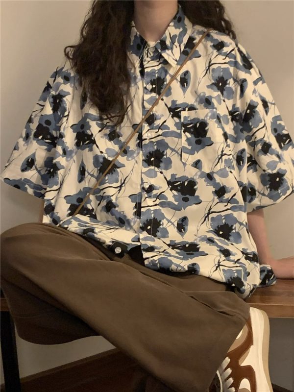 Unisex Retro Floral Polo Collar Shirt - Japanese Style Loose Casual Short Sleeve Top for Summer Fashion