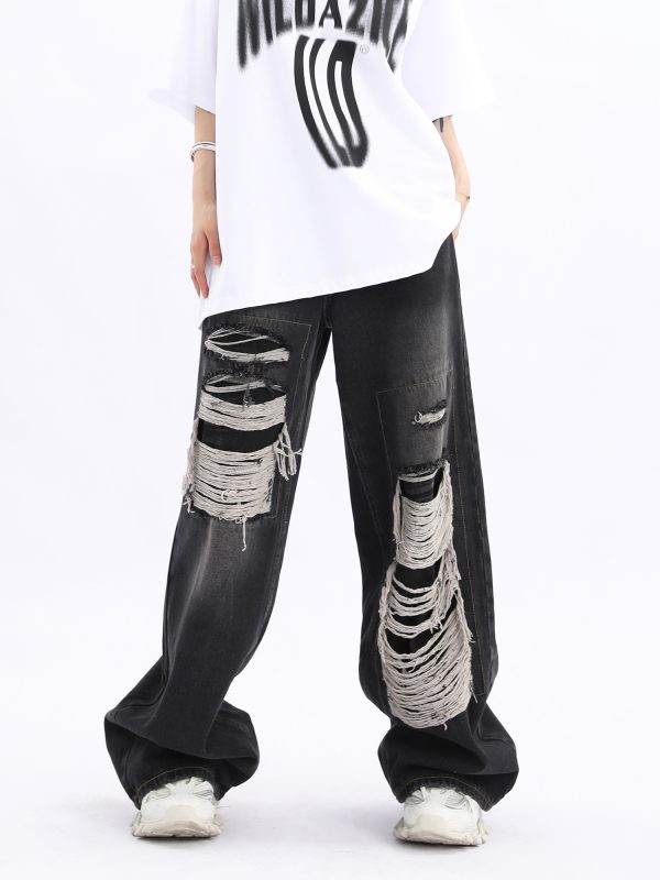 Unisex Retro High Street Ripped Jeans - Loose Straight Hip-Hop Pants for Men and Women, Trendy 90s Style