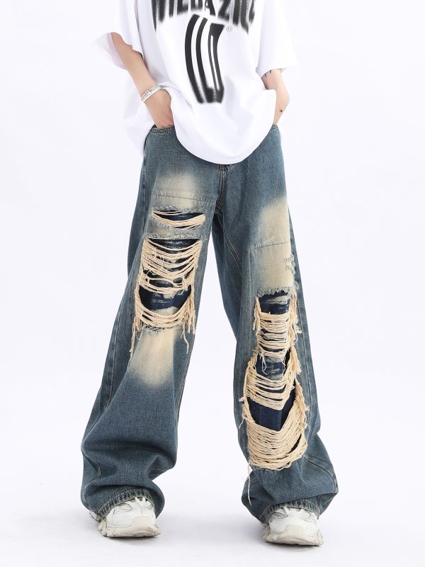 Unisex Retro High Street Ripped Jeans - Loose Straight Hip-Hop Pants for Men and Women, Trendy 90s Style