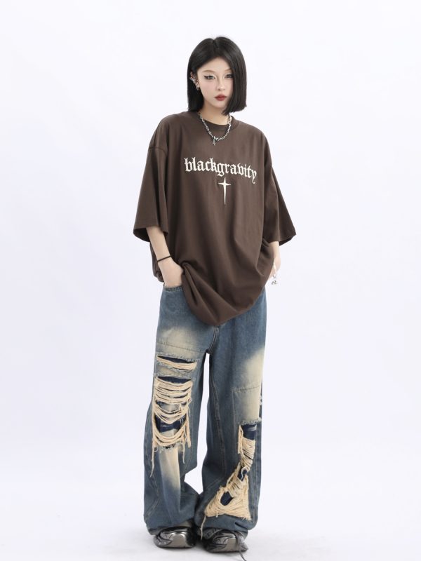 Unisex Retro High Street Ripped Jeans - Loose Straight Hip-Hop Pants for Men and Women, Trendy 90s Style