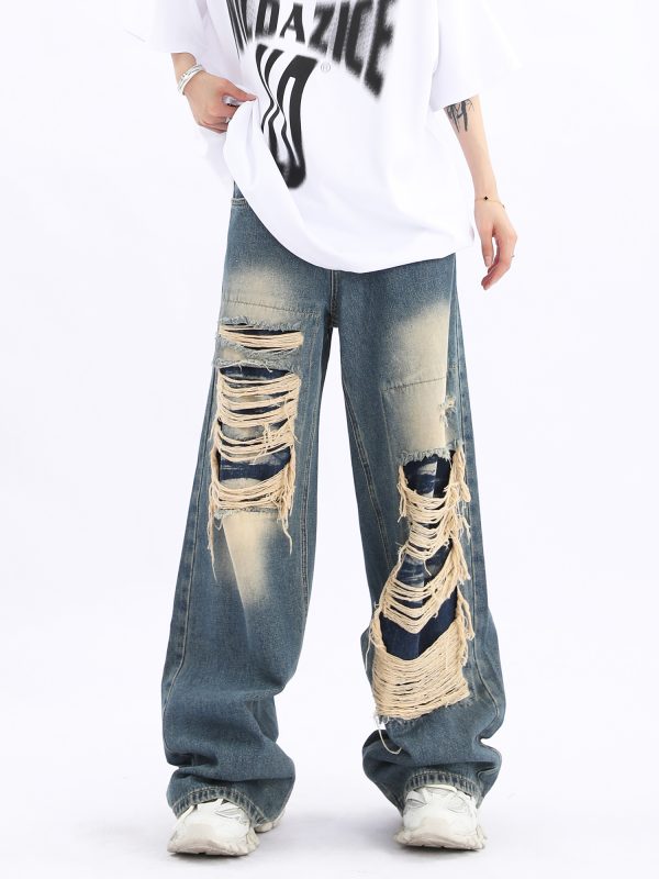 Unisex Retro High Street Ripped Jeans - Loose Straight Hip-Hop Pants for Men and Women, Trendy 90s Style