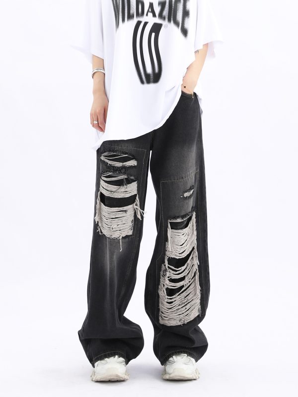 Unisex Retro High Street Ripped Jeans - Loose Straight Hip-Hop Pants for Men and Women, Trendy 90s Style