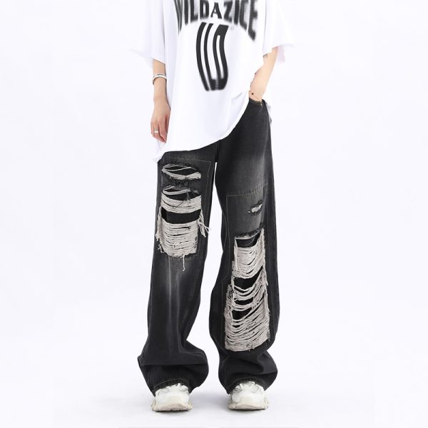 Unisex Retro High Street Ripped Jeans - Loose Straight Hip-Hop Pants for Men and Women, Trendy 90s Style
