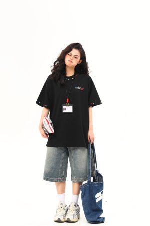 Unisex Retro Rainbow Embroidery Short Sleeve T-Shirt â€“ American National Style, Loose Fit, Summer Essential for Couples