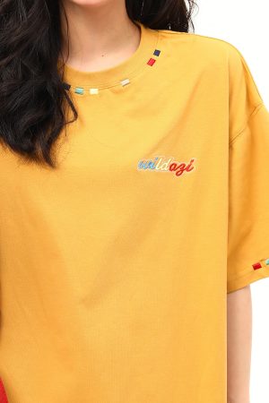 Unisex Retro Rainbow Embroidery Short Sleeve T-Shirt â€“ American National Style, Loose Fit, Summer Essential for Couples