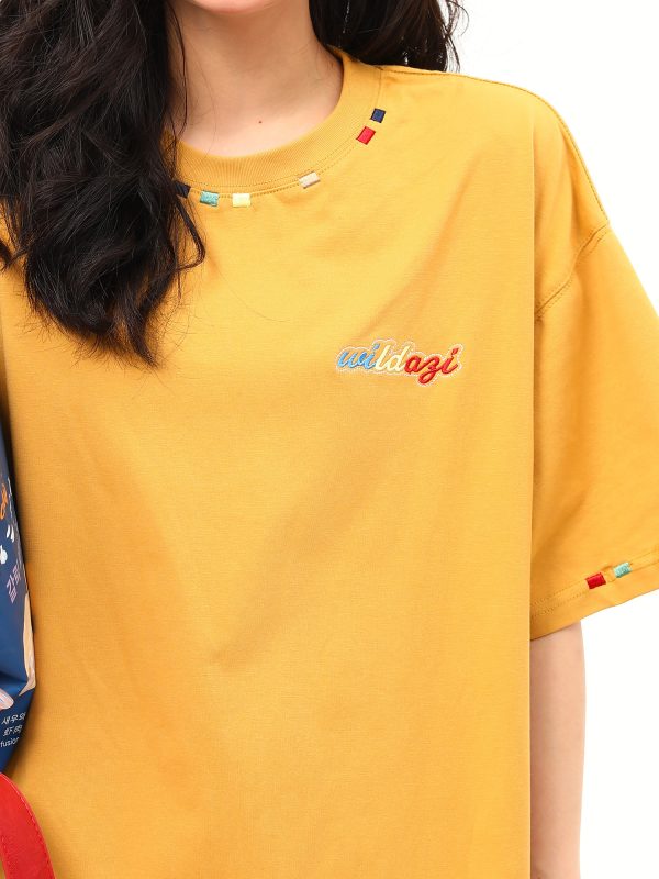 Unisex Retro Rainbow Embroidery Short Sleeve T-Shirt â€“ American National Style, Loose Fit, Summer Essential for Couples