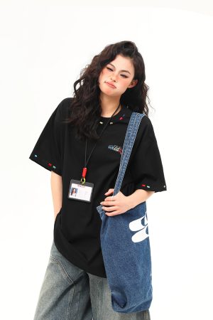 Unisex Retro Rainbow Embroidery Short Sleeve T-Shirt â€“ American National Style, Loose Fit, Summer Essential for Couples