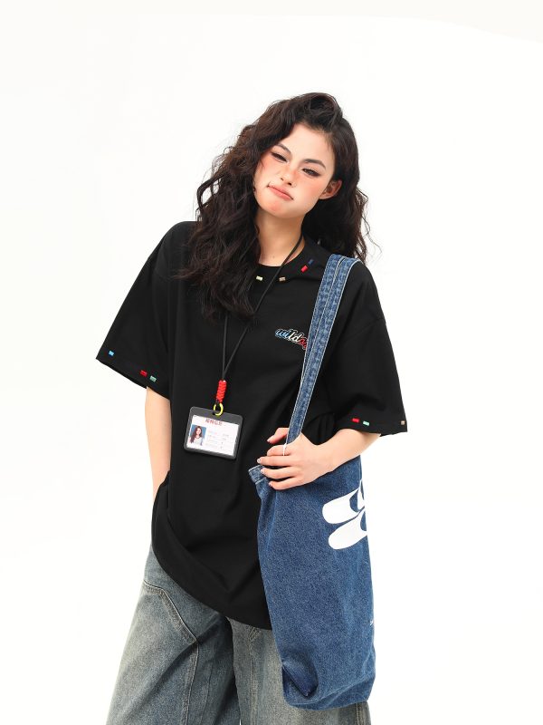 Unisex Retro Rainbow Embroidery Short Sleeve T-Shirt â€“ American National Style, Loose Fit, Summer Essential for Couples