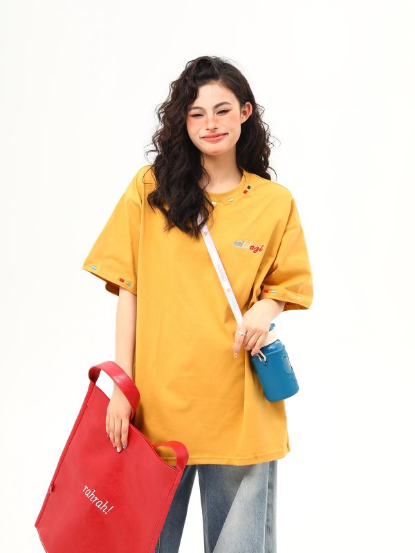 Unisex Retro Rainbow Embroidery Short Sleeve T-Shirt â€“ American National Style, Loose Fit, Summer Essential for Couples