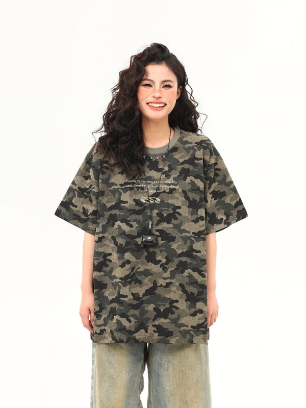 Unisex Retro Washed Camouflage Short-Sleeve T-Shirt - Trendy Loose Fit Summer Top for Couples, Y2K Style