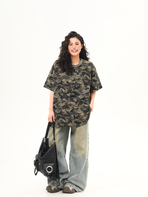 Unisex Retro Washed Camouflage Short-Sleeve T-Shirt - Trendy Loose Fit Summer Top for Couples, Y2K Style