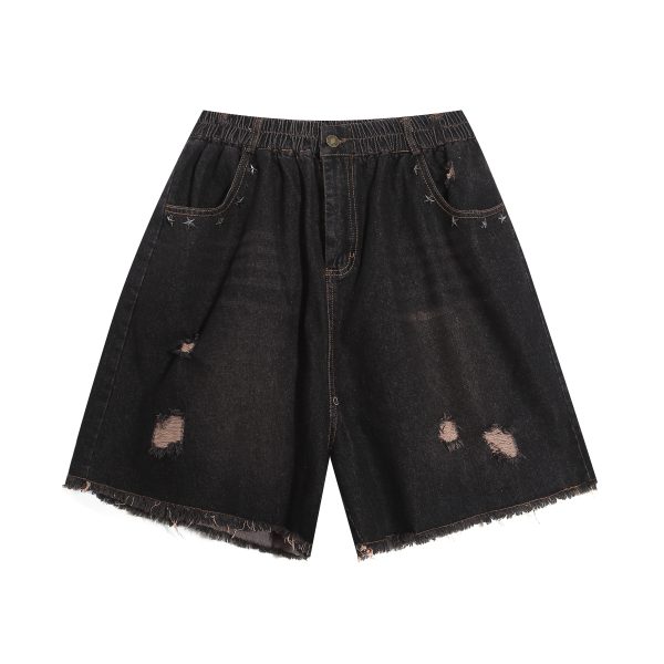 Unisex Retro Washed Ripped Denim Shorts - Loose Wide-Leg Five-Point Pants with Elastic Waist - Vintage American Style 90s Fashion
