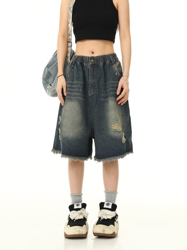 Unisex Retro Washed Ripped Denim Shorts - Loose Wide-Leg Five-Point Pants with Elastic Waist - Vintage American Style 90s Fashion