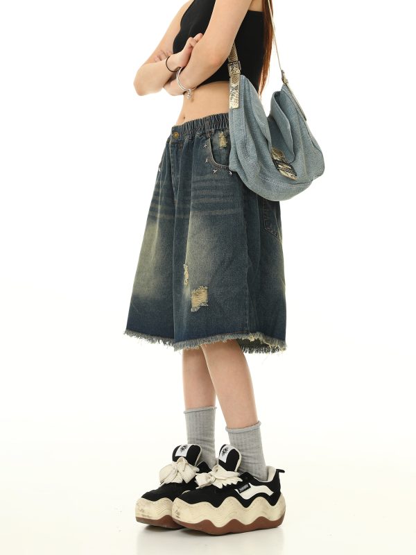 Unisex Retro Washed Ripped Denim Shorts - Loose Wide-Leg Five-Point Pants with Elastic Waist - Vintage American Style 90s Fashion
