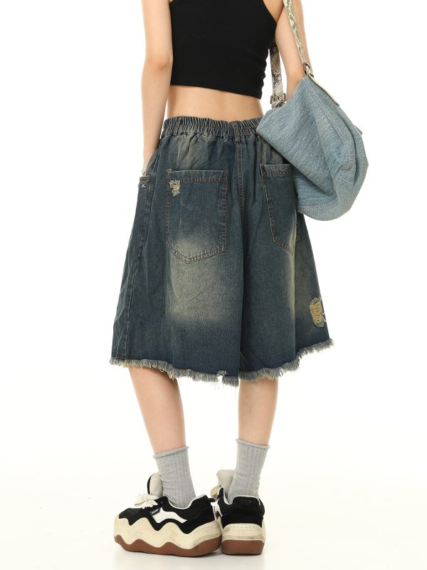 Unisex Retro Washed Ripped Denim Shorts - Loose Wide-Leg Five-Point Pants with Elastic Waist - Vintage American Style 90s Fashion