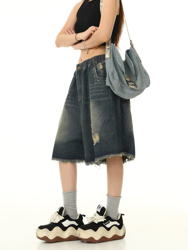 Unisex Retro Washed Ripped Denim Shorts - Loose Wide-Leg Five-Point Pants with Elastic Waist - Vintage American Style 90s Fashion