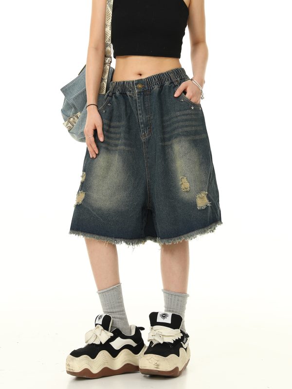 Unisex Retro Washed Ripped Denim Shorts - Loose Wide-Leg Five-Point Pants with Elastic Waist - Vintage American Style 90s Fashion