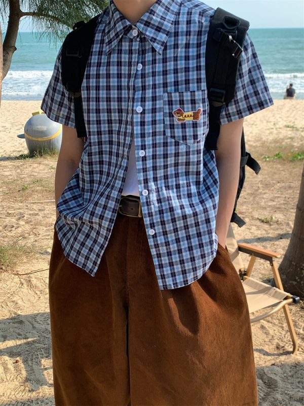 Unisex Slim Fit Dog Embroidery Short Sleeve Shirt - Versatile Vintage Plaid Top for Summer Casual Style