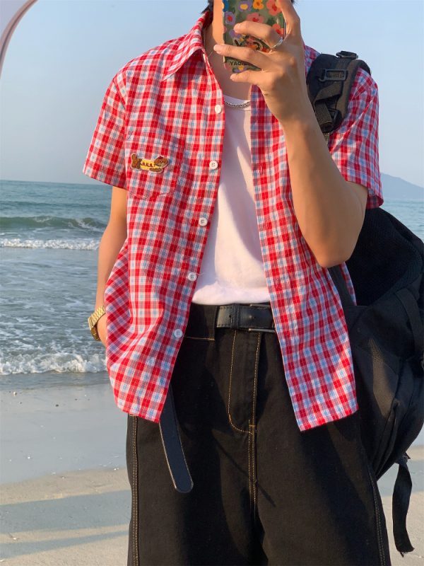 Unisex Slim Fit Dog Embroidery Short Sleeve Shirt - Versatile Vintage Plaid Top for Summer Casual Style