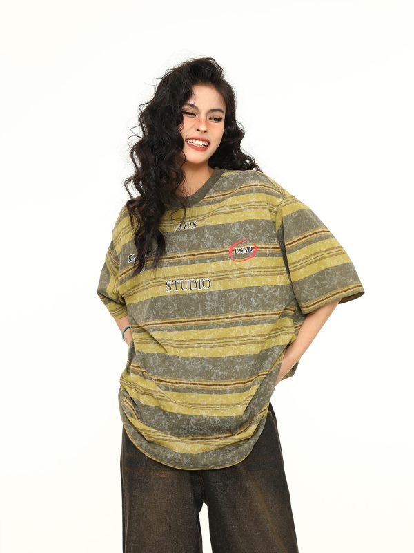 Unisex Tie-Dye Striped Short Sleeve T-Shirt - 2025 Summer American Vintage Style, Trendy 90s Inspired Top