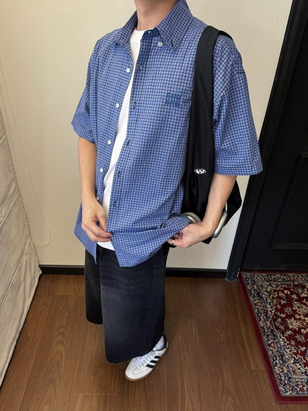 Unisex Vintage Blue Plaid Short Sleeve Shirt - Casual Embroidered Summer Style, Loose Fit, High-End Trend