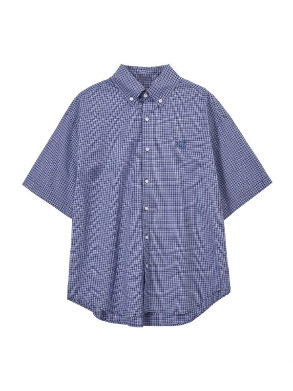 Unisex Vintage Blue Plaid Short Sleeve Shirt - Casual Embroidered Summer Style, Loose Fit, High-End Trend