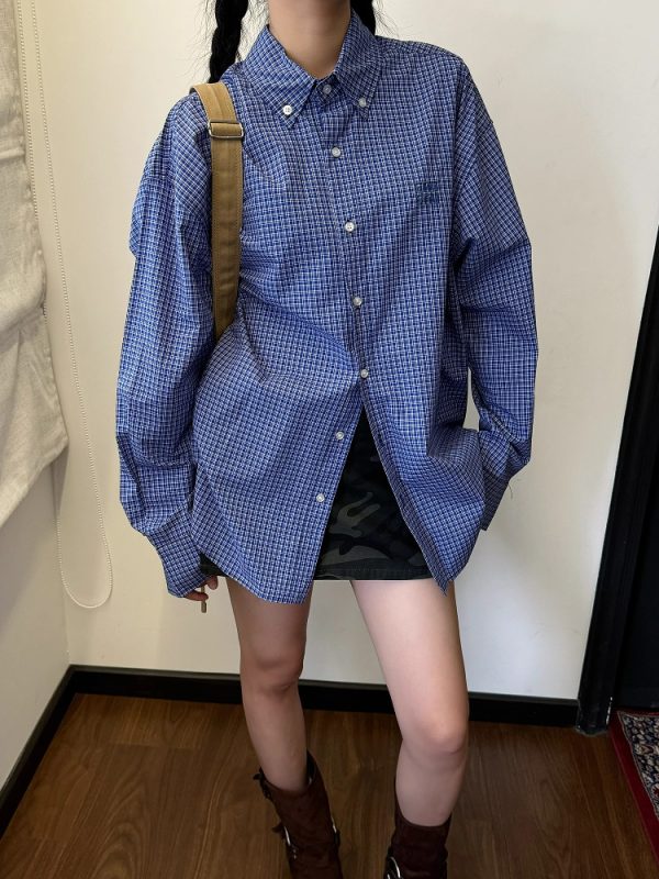 Unisex Vintage Blue Plaid Short Sleeve Shirt - Casual Embroidered Summer Style, Loose Fit, High-End Trend
