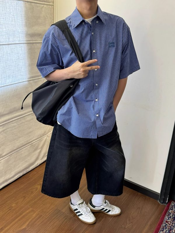 Unisex Vintage Blue Plaid Short Sleeve Shirt - Casual Embroidered Summer Style, Loose Fit, High-End Trend