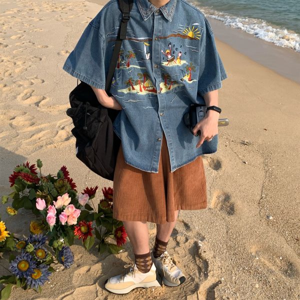 Unisex Vintage Denim Shirt with Embroidered Coconut Tree - Hawaiian Beach Style, Short Sleeve, Handmade Reworked Fashion