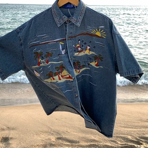 Unisex Vintage Denim Shirt with Embroidered Coconut Tree - Hawaiian Beach Style, Short Sleeve, Handmade Reworked Fashion