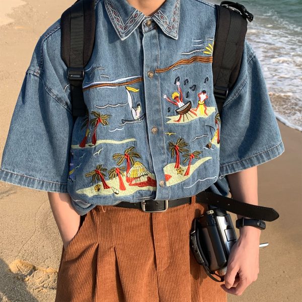 Unisex Vintage Denim Shirt with Embroidered Coconut Tree - Hawaiian Beach Style, Short Sleeve, Handmade Reworked Fashion