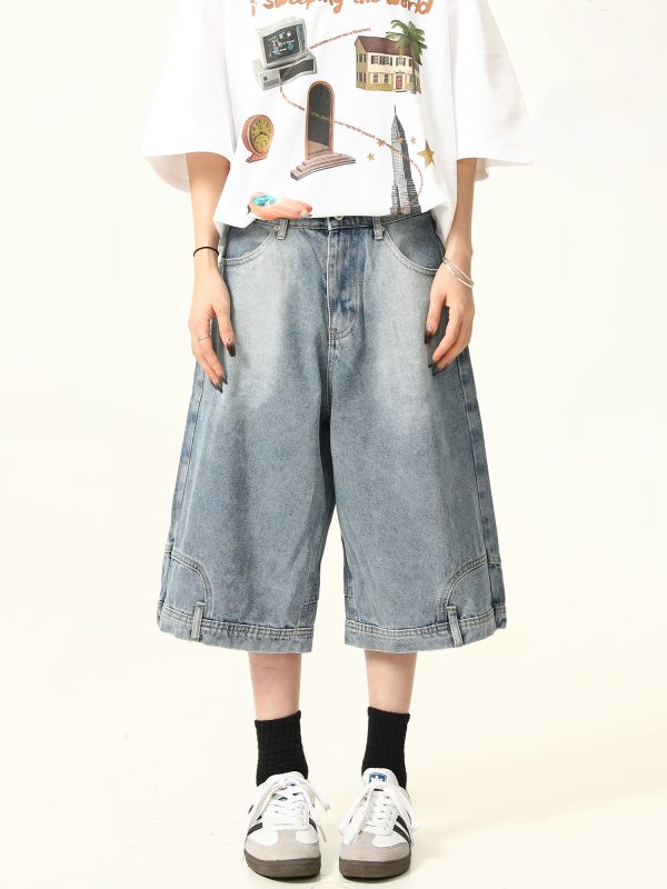 Unisex Vintage Wide-Leg Inverted Denim Shorts - Retro American Style Washed Loose Cropped Pants