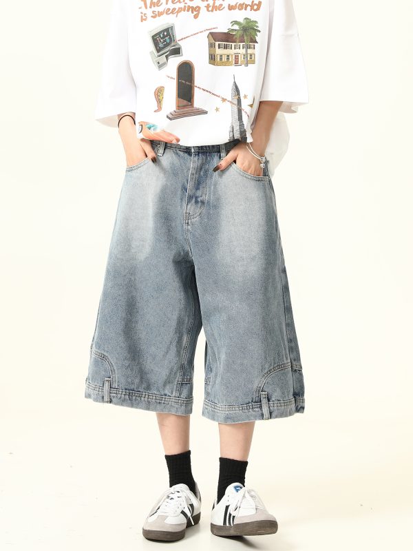 Unisex Vintage Wide-Leg Inverted Denim Shorts - Retro American Style Washed Loose Cropped Pants