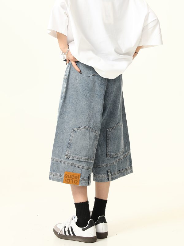 Unisex Vintage Wide-Leg Inverted Denim Shorts - Retro American Style Washed Loose Cropped Pants