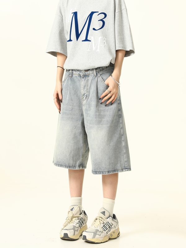 Unisex Wide-Leg Denim Shorts in Washed Blue - American Street Style Loose-Fit Summer Five-Point Pants for Casual Wear