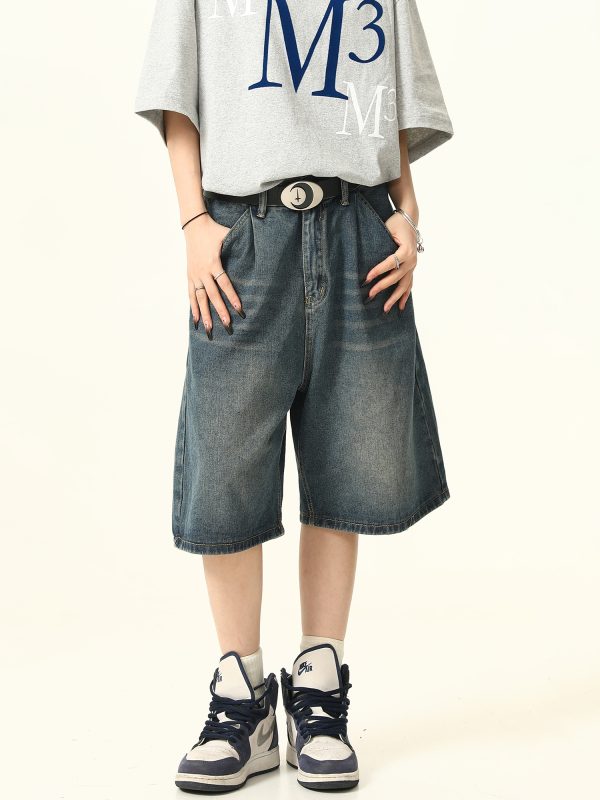 Unisex Wide-Leg Denim Shorts in Washed Blue - American Street Style Loose-Fit Summer Five-Point Pants for Casual Wear