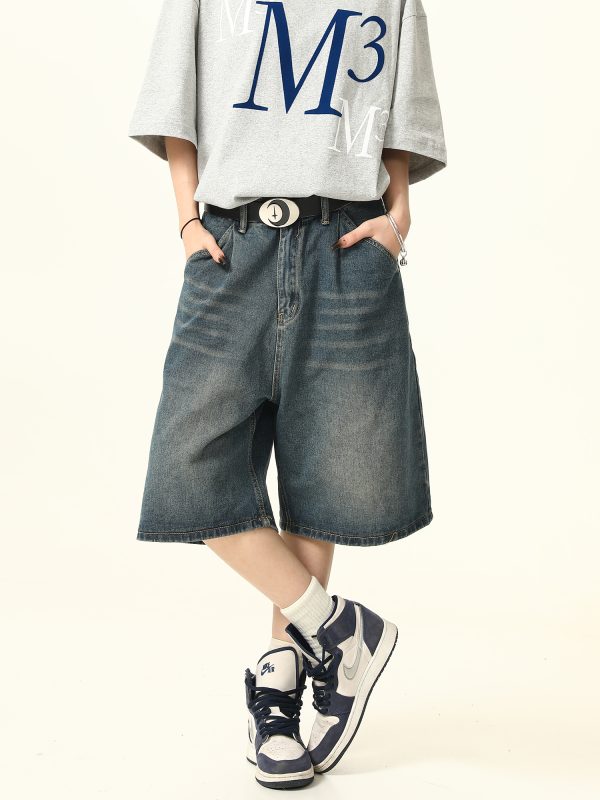 Unisex Wide-Leg Denim Shorts in Washed Blue - American Street Style Loose-Fit Summer Five-Point Pants for Casual Wear