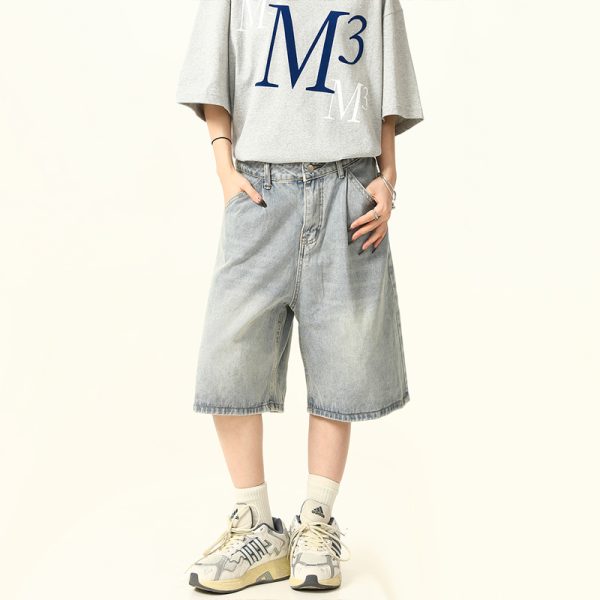 Unisex Wide-Leg Denim Shorts in Washed Blue - American Street Style Loose-Fit Summer Five-Point Pants for Casual Wear