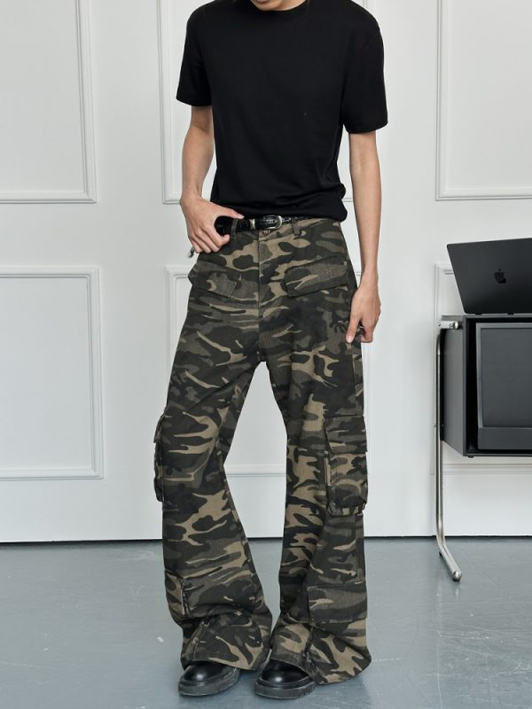 Unisex Wide-Leg Multi-Pocket Camouflage Work Pants - Retro Deconstructed American Style Casual Trousers
