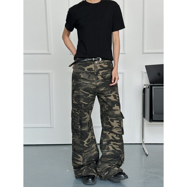 Unisex Wide-Leg Multi-Pocket Camouflage Work Pants - Retro Deconstructed American Style Casual Trousers