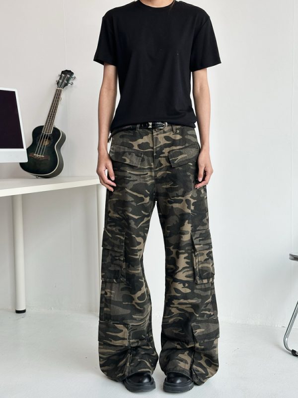 Unisex Wide-Leg Multi-Pocket Camouflage Work Pants - Retro Deconstructed American Style Casual Trousers