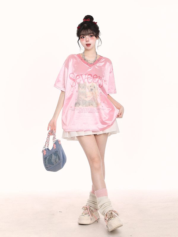 V-Neck Cartoon Print Short Sleeve T-Shirt for Women - Summer Loose Fit American Style, Trendy Niche Design