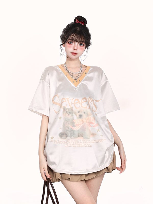 V-Neck Cartoon Print Short Sleeve T-Shirt for Women - Summer Loose Fit American Style, Trendy Niche Design