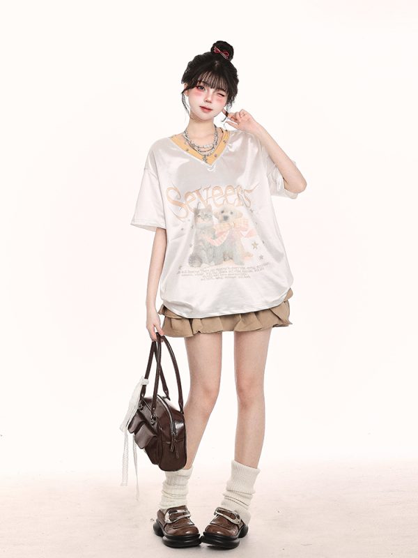 V-Neck Cartoon Print Short Sleeve T-Shirt for Women - Summer Loose Fit American Style, Trendy Niche Design