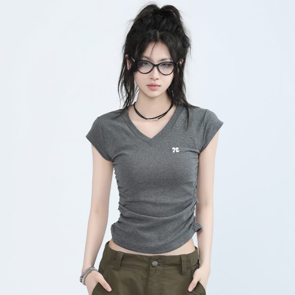 V-Neck Embroidered Fitted Short Sleeve T-Shirt for Women - American Style Spicy Girl Summer Top