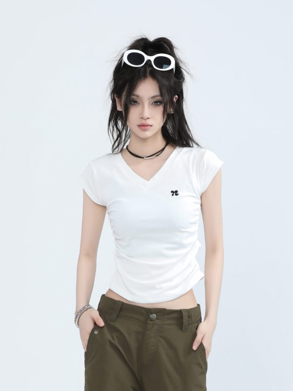 V-Neck Embroidered Fitted Short Sleeve T-Shirt for Women - American Style Spicy Girl Summer Top