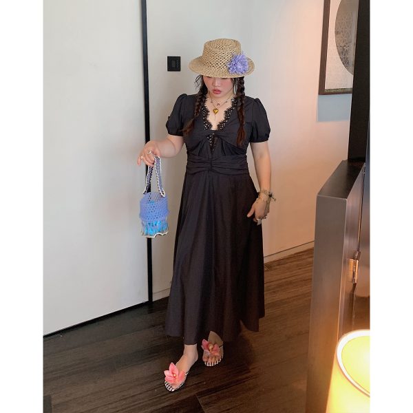 V-neck Lace Spliced Slit Dress for Women - Summer 2025 Unique Waist-Cinching Design, Trendy and Stylish