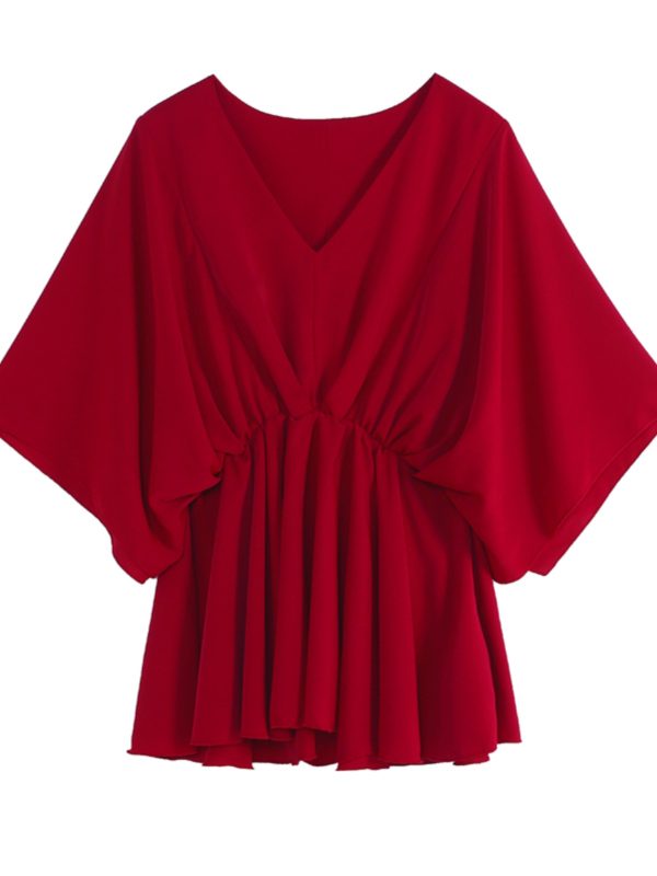 V-Neck Ruffled Batwing Sleeve Chiffon Pullover Shirt - Spring/Summer Mid-Sleeve Waist-Cinching A-Line Top in Red for Effortless Style
