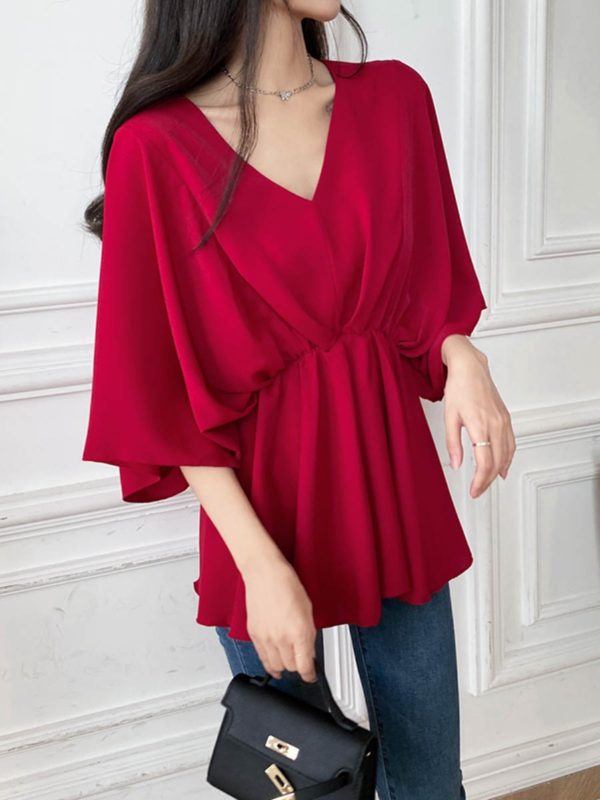 V-Neck Ruffled Batwing Sleeve Chiffon Pullover Shirt - Spring/Summer Mid-Sleeve Waist-Cinching A-Line Top in Red for Effortless Style