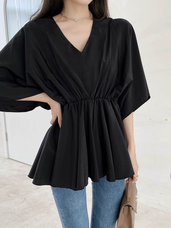 V-Neck Ruffled Batwing Sleeve Chiffon Pullover Shirt - Spring/Summer Mid-Sleeve Waist-Cinching A-Line Top in Red for Effortless Style